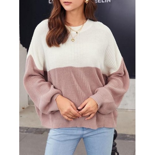 Contrast Two Tone Bicolor Drop Shoulder Sweater