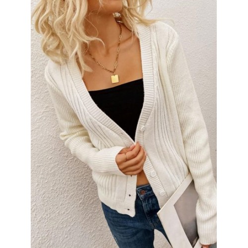 Button Up Solid Ribbed Panel Cardigan