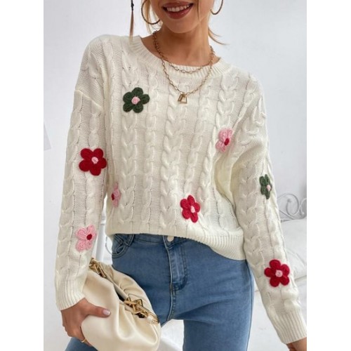 Crew Neck Floral Applique Cable Knit Sweater