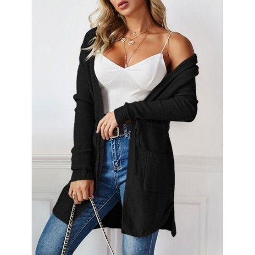 Longline Hooded Drawstring Pockets Cardigan