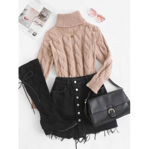 Roll Neck Cable Knit Longline Sweater