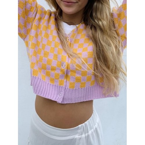 Drop Shoulder Checkerboard Jacquard Crop Cardigan