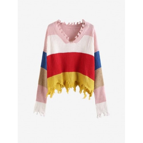 Distressed Frayed Ladder Colorblock Sweater