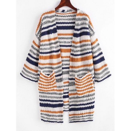 Dual Pocket Open Front Stripes Cardigan