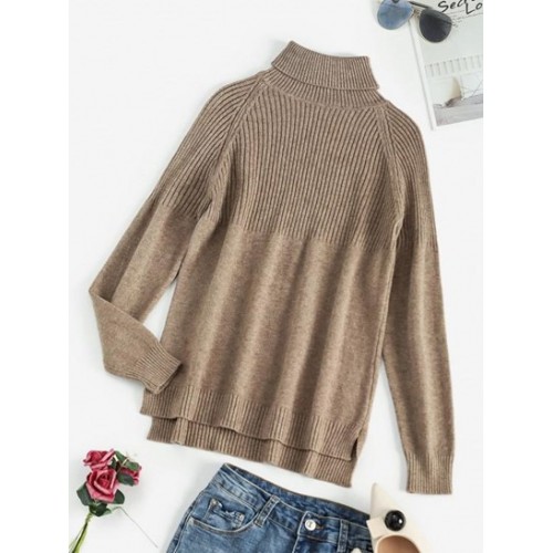 Turtleneck Raglan Sleeve Contrast Ribbed Sweater