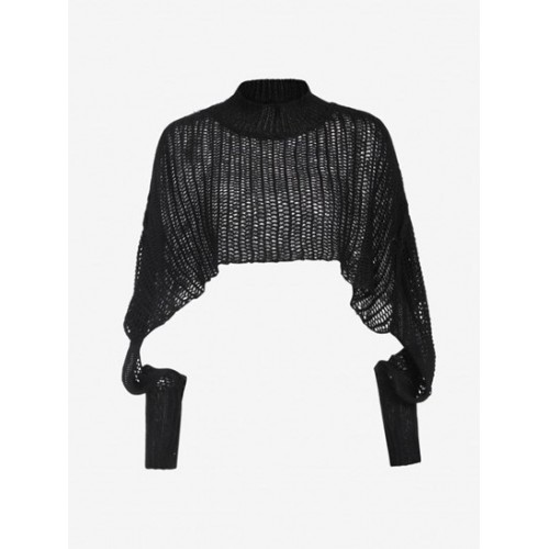 Mock Neck Drop Shoulder Openwork Shrug Sweater