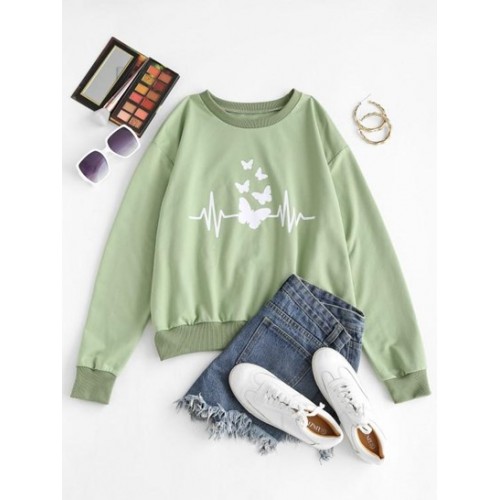 Crew Neck Butterfly Print Pullover Sweatshirt