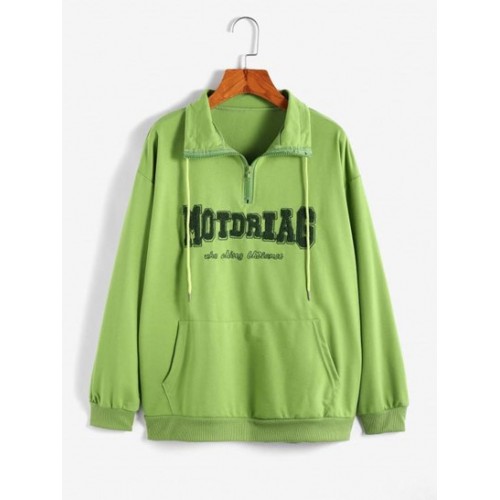 Towelling Letter Drop Shoulder Half Zip Pocket Swe...