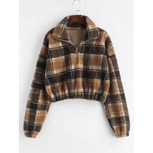 Plaid Crop Faux Fur Sweatshirt