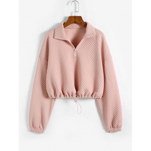 Rhombus Textured Drop Shoulder Half Zip Sweatshirt