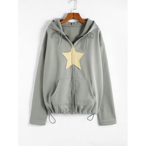 Star Patched Drop Shoulder Zip Up Thermal Lined Ho...