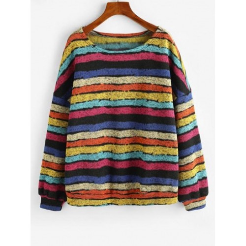 Loose Colorful Stripes Fleece Lined Sweatshirt