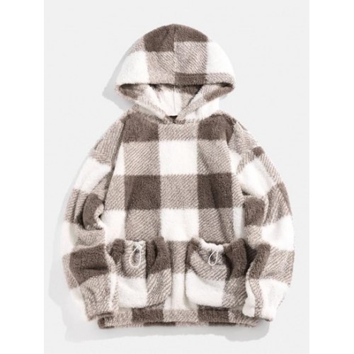 Pockets Double Plaid Fluffy Hoodie