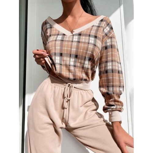 Ribbed Trim Plaid Double-v Sweatshirt