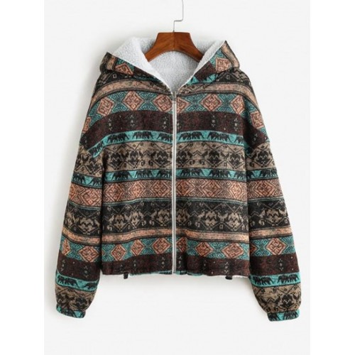 Hooded Tribal Print Faux Fur Lined Coat