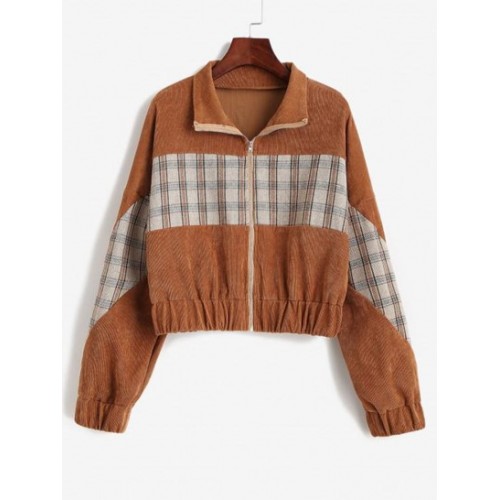 Plaid Panel Zip Up Corduroy Jacket