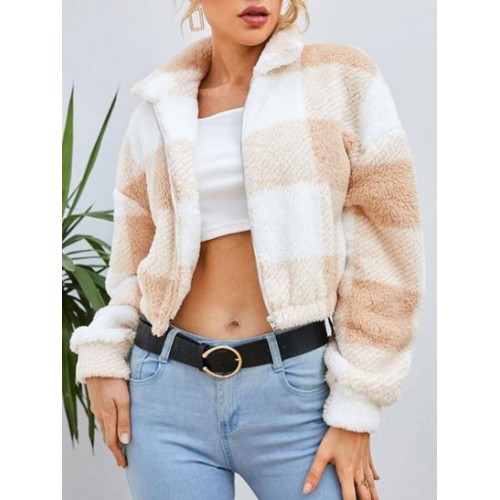 Zip Up Plaid Fluffy Teddy Jacket