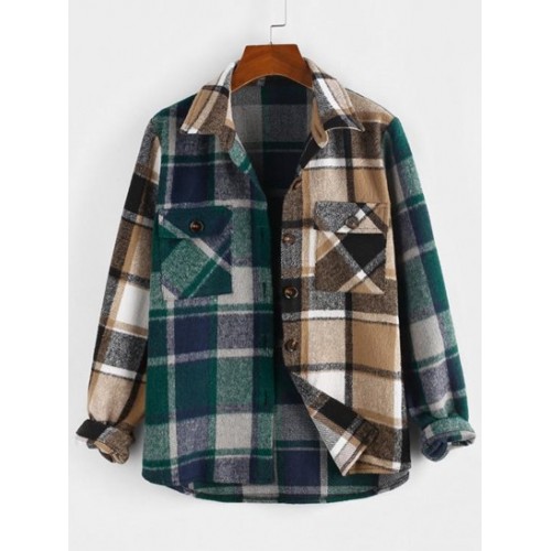 Color Blocking Plaid Checked Flannel Chest Pocket ...