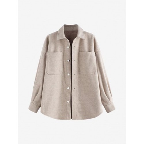 Drop Shoulders Double Pockets Button Up Coat