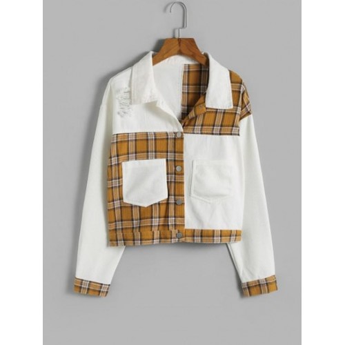 Ripped Plaid Panel Front Pockets Jacket