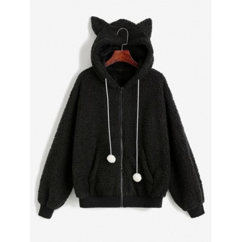 Hooded Faux Shearling Pompom Zip Teddy Coat