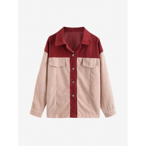 Colorblock Drop Shoulder Corduroy Shacket