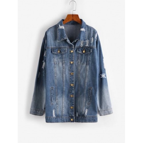 Drop Shoulder Distressed Denim Jacket