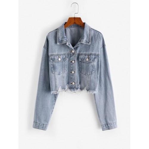 Frayed Distressed Drop Shoulder Denim Jacket