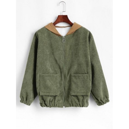 Contrast Hooded Corduroy Fleece Lined Jacket