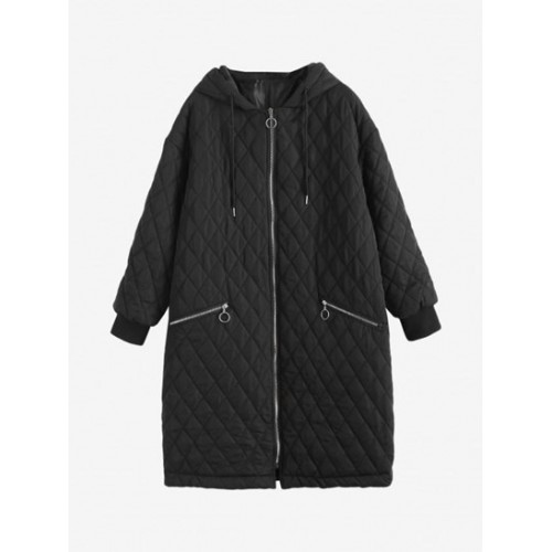 Long Hooded Zippered Pockets Quilted Coat