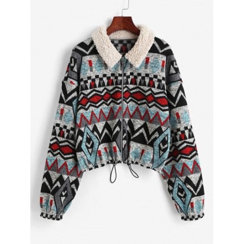 Faux Fur Insert Geometry Print Jacket