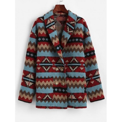 Tribal Print Pockets Double Breasted Coat