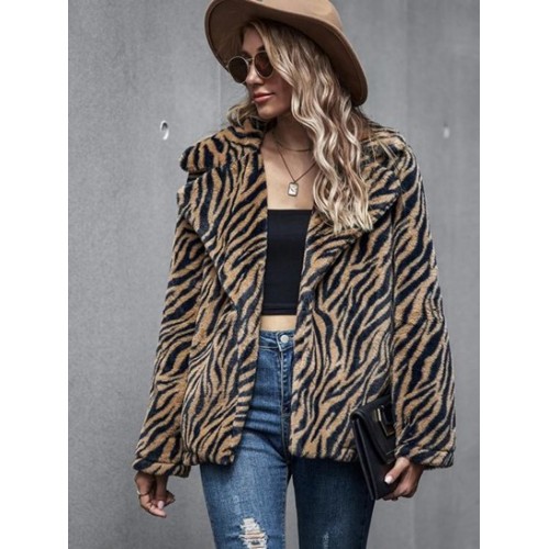 Zebra Fluffy Faux Fur Open Front Coat