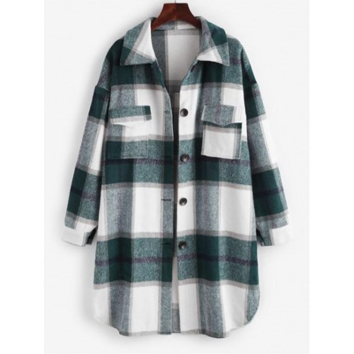 Plaid Front Pocket Wool Blend Coat