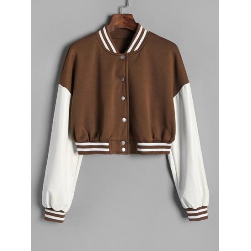 Cropped Fleece-lined Faux Leather Sleeve Baseball ...