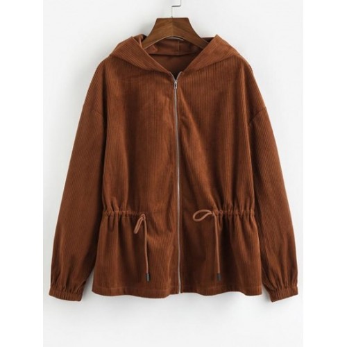 Drawstring Zip Up Corduroy Jacket