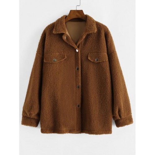 Snap Button Flap Detail Teddy Coat