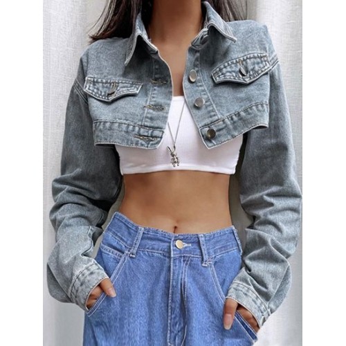 Flap Detail Micro Cropped Denim Jacket