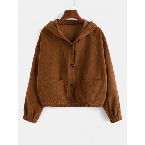 Corduroy Drop Shoulder Hooded Pocket Jacket