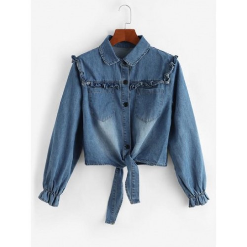 Tie Front Frilled Button Up Denim Jacket