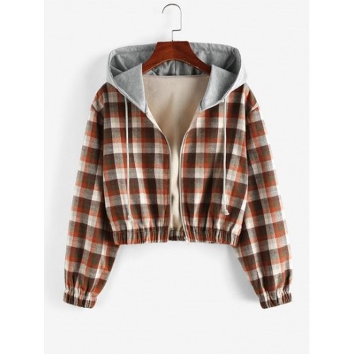 Hooded Plaid Fleece Lined Zip Jacket