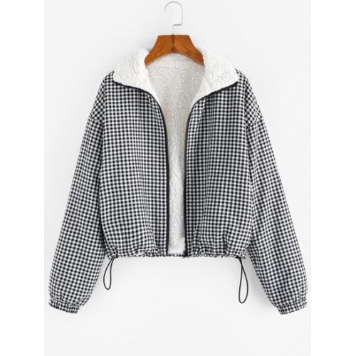 Gingham Drop Shoulder Faux Fur Lining Coat