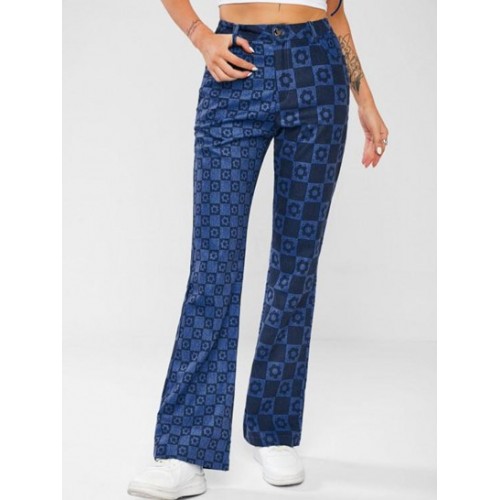 Checkerboard Floral Print Boot Cut Jeans