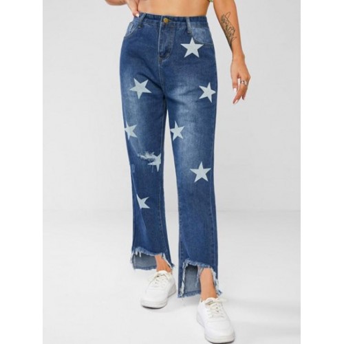 Star Print Ripped Stepped Hem Tapered Jeans