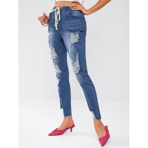 Drawstring Ripped Frayed Hem Skinny Jeans