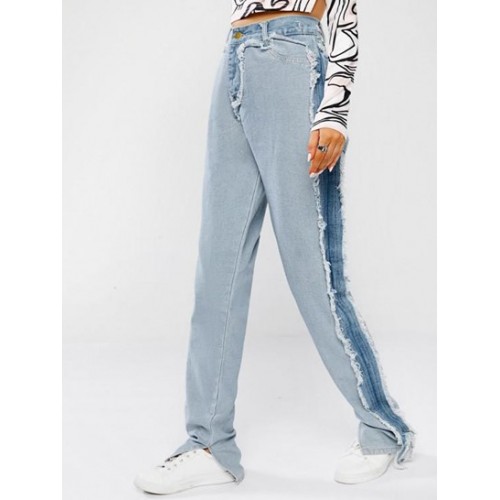 Frayed Reverse Patchwork Split Hem Jeans