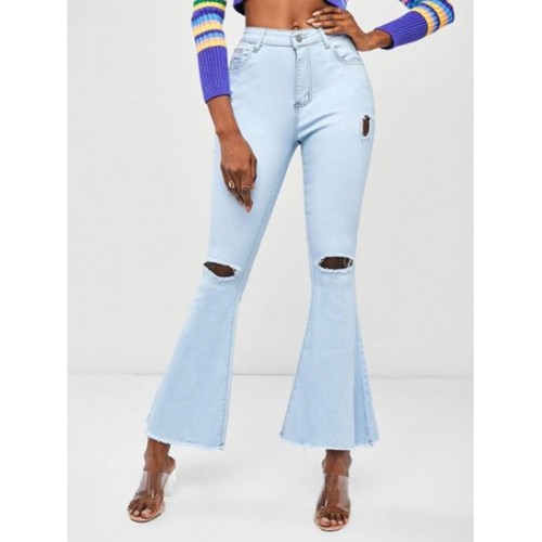 Ripped Frayed Light Wash Flare Jeans