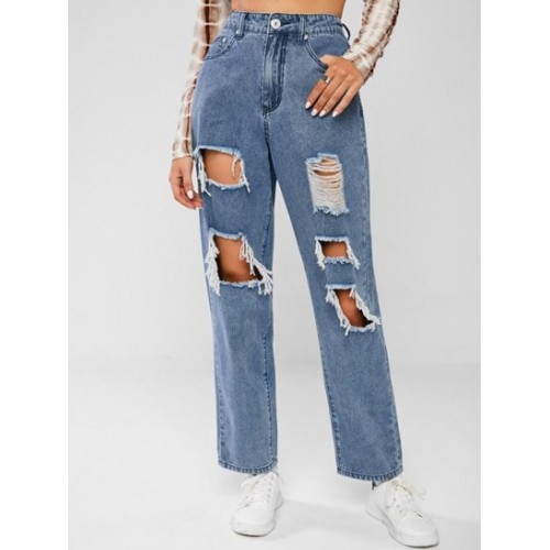 Ripped Distressed Straight Boyfriend Jeans