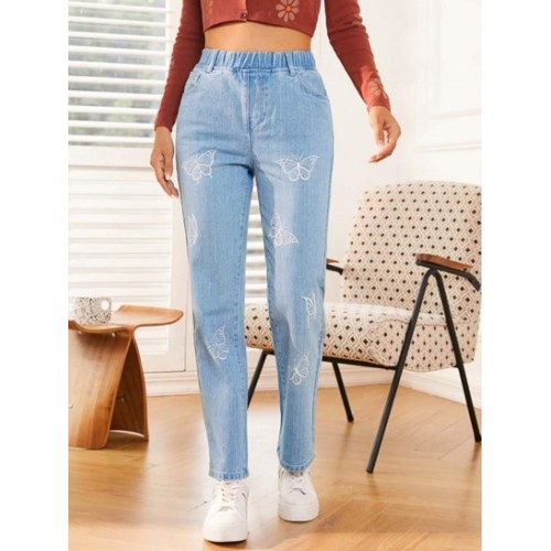 Mid Rise Straight Butterfly Embroidered Jeans