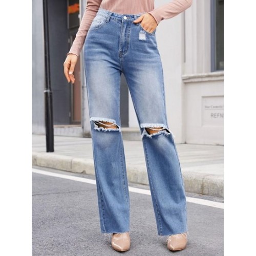 Distressed Raw Cuffs Straight Jeans